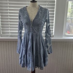 Honey Punch Dusty Blue Lace V-Neck Long Sleeve Mini Dress